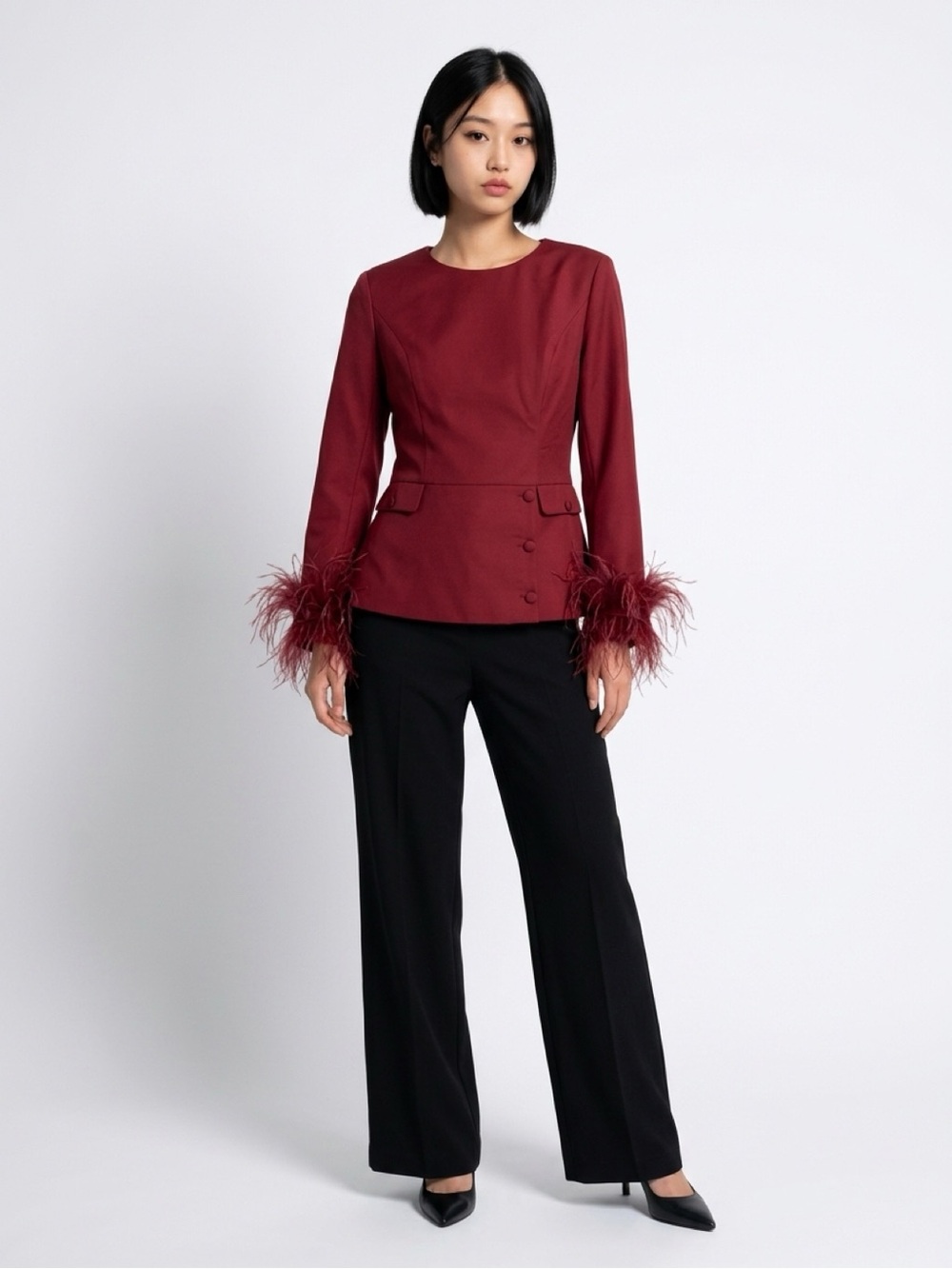 Fehaute Women's Burgundy Feather-Cuff Dress top